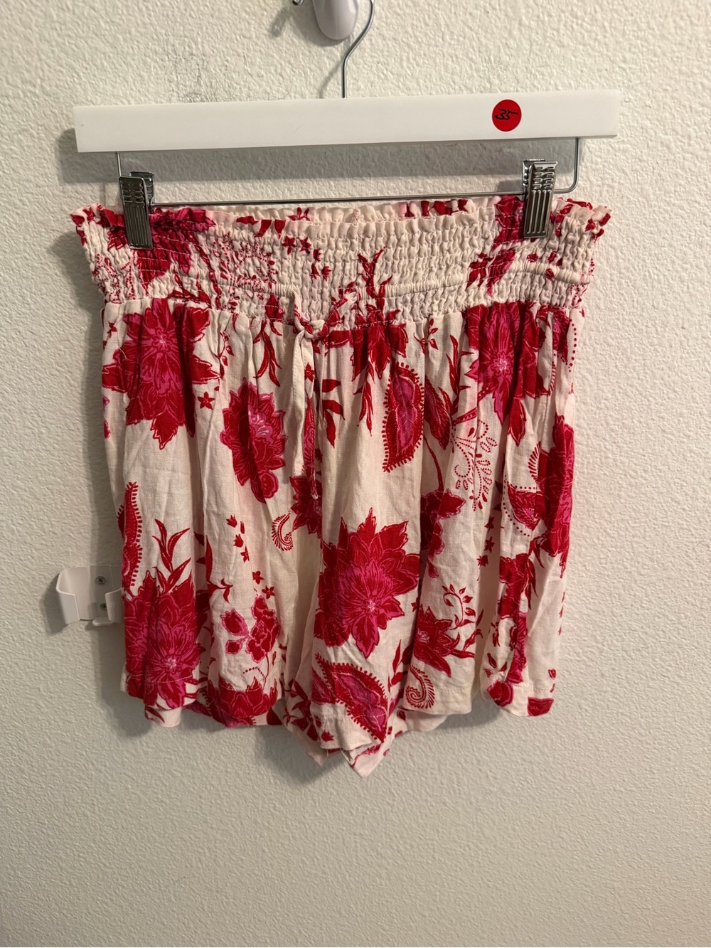 Dreamers High-Waist Smocked Cream Shorts with Red Floral Print